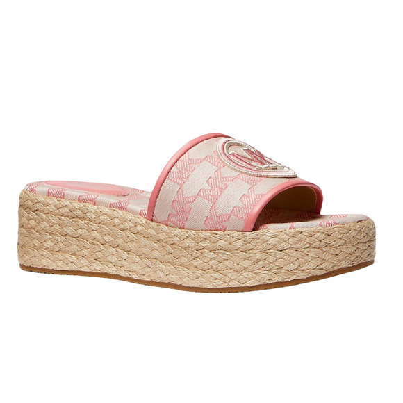 Michael Kors Sadler Logo Jacquard & Jute Wedge Sandal Tea Rose NIB - Picture 1 of 10